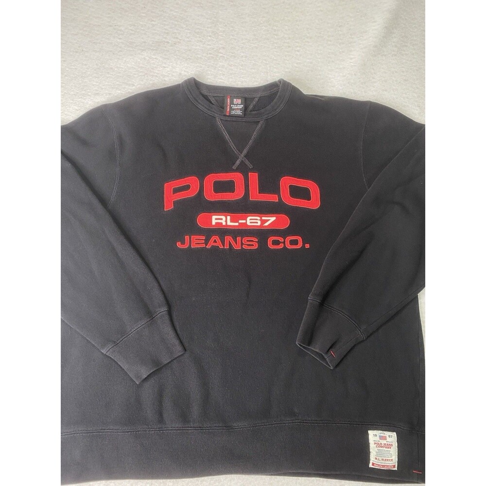 Vintage Polo Jeans Co Sweatshirt Size L Black Red Rugby Spellout 90s PRL RL